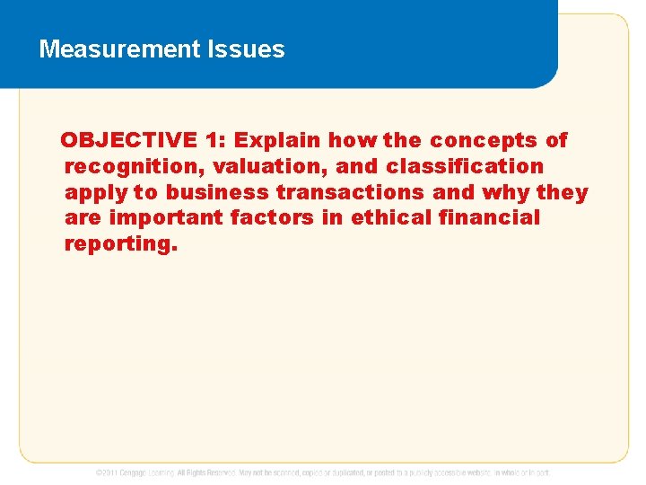 Measurement Issues OBJECTIVE 1: Explain how the concepts of recognition, valuation, and classification apply