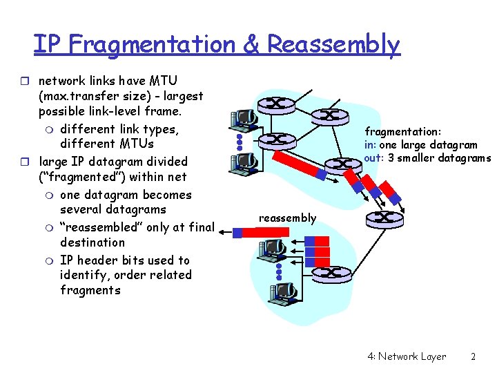 IP Fragmentation & Reassembly r network links have MTU (max. transfer size) - largest