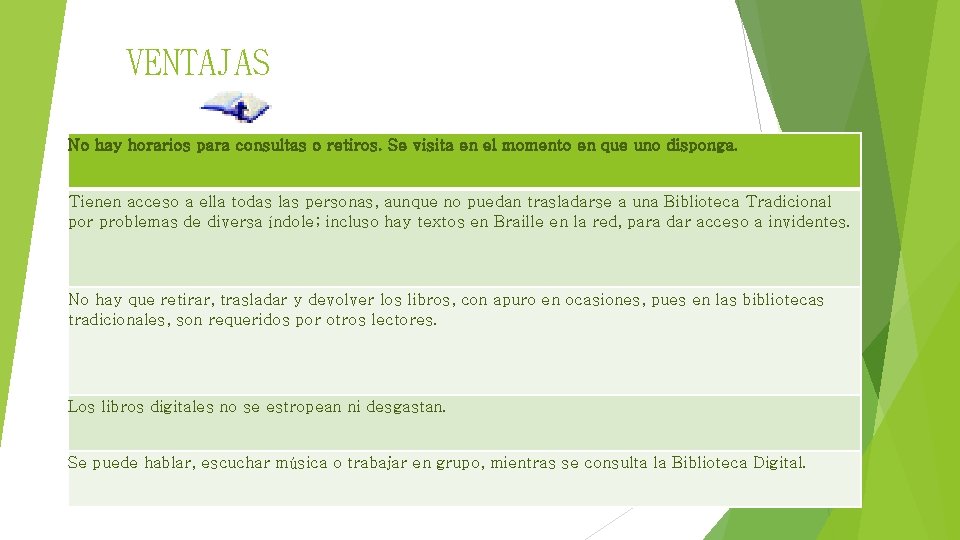 VENTAJAS No hay horarios para consultas o retiros. Se visita en el momento en