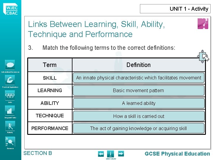 UNIT 1 - Activity Links Between Learning, Skill, Ability, Technique and Performance 3. Match