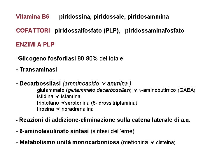 Vitamina B 6 piridossina, piridossale, piridosammina COFATTORI piridossalfosfato (PLP), piridossaminafosfato ENZIMI A PLP -Glicogeno