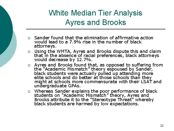 White Median Tier Analysis Ayres and Brooks ¡ ¡ Sander found that the elimination