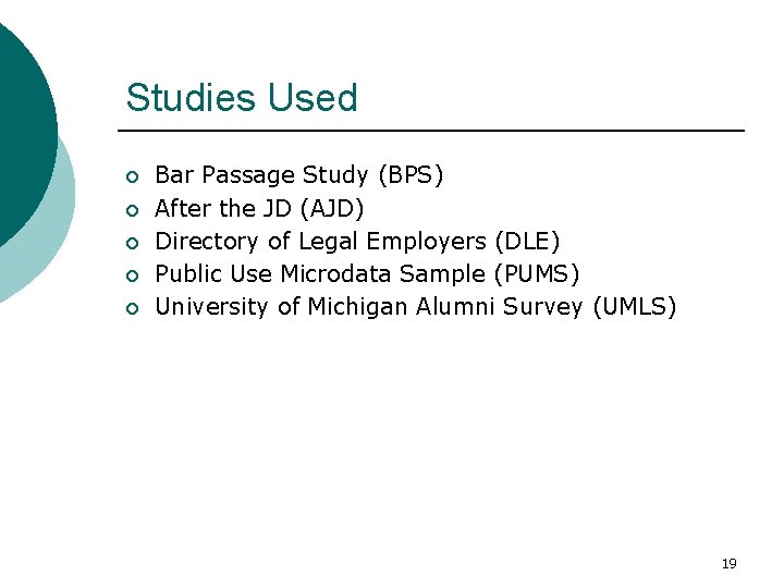 Studies Used ¡ ¡ ¡ Bar Passage Study (BPS) After the JD (AJD) Directory