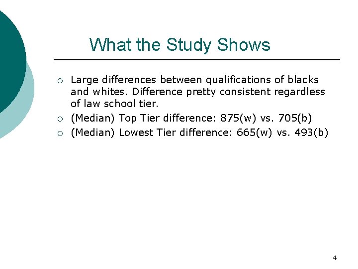 What the Study Shows ¡ ¡ ¡ Large differences between qualifications of blacks and