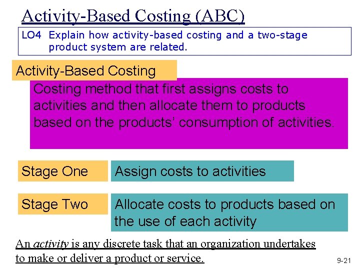 Activity-Based Costing (ABC) LO 4 Explain how activity-based costing and a two-stage product system