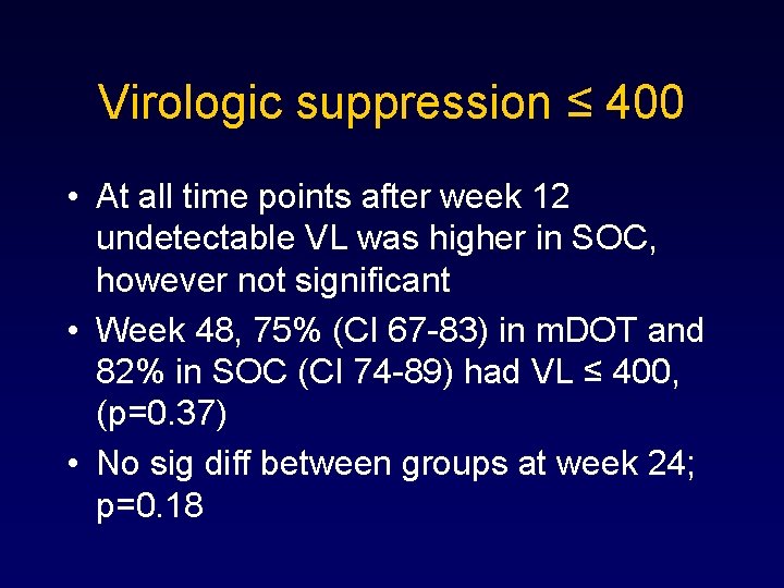 Virologic suppression ≤ 400 • At all time points after week 12 undetectable VL