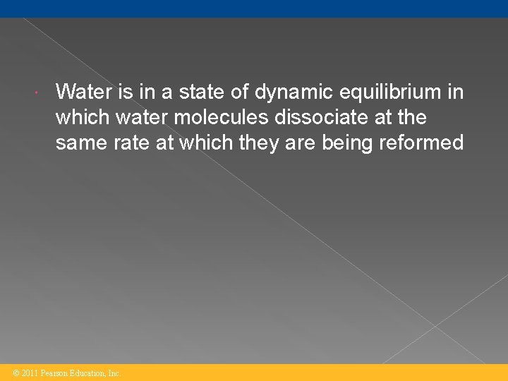  Water is in a state of dynamic equilibrium in which water molecules dissociate