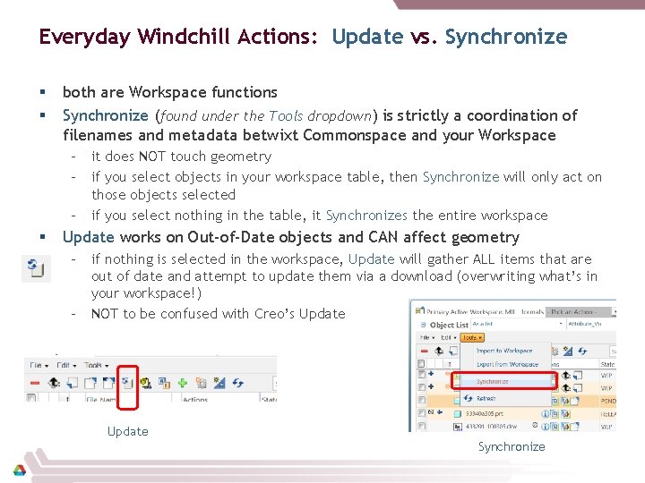 Everyday Windchill Actions: Update vs. Synchronize § § both are Workspace functions Synchronize (found