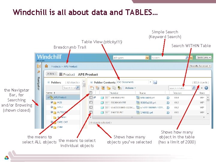Windchill is all about data and TABLES… Simple Search (Keyword Search) Table View (sticky!!!)
