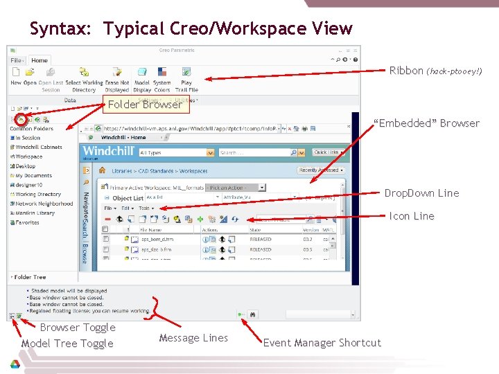 Syntax: Typical Creo/Workspace View Ribbon (hack-ptooey!) Folder Browser “Embedded” Browser Drop. Down Line Icon