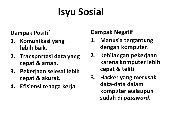 Isyu Sosial Dampak Positif 1. Komunikasi yang lebih baik. 2. Transportasi data yang cepat Isyu Sosial Dampak Positif 1. Komunikasi yang lebih baik. 2. Transportasi data yang cepat