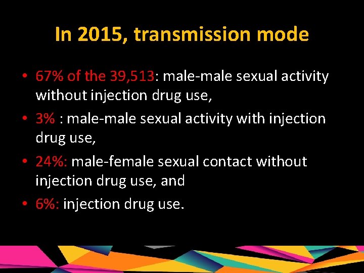 In 2015, transmission mode • 67% of the 39, 513: male-male sexual activity without