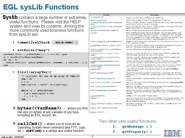 EGL sys. Lib Functions Syslib contains a large number of extremely useful functions. Please