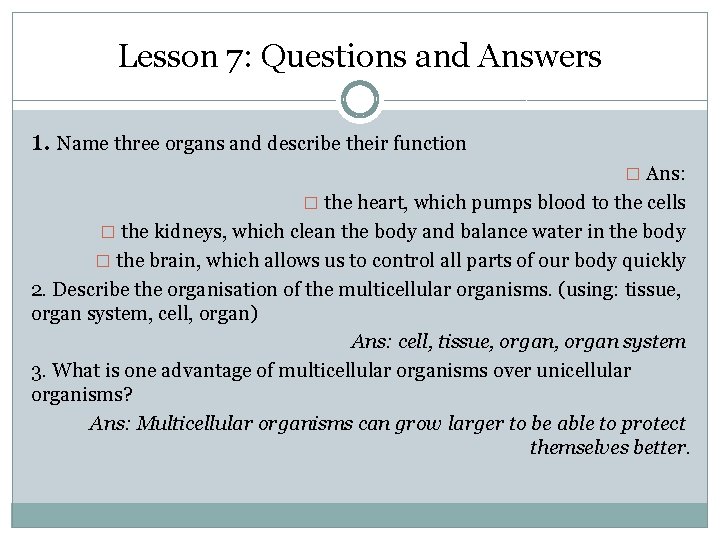 Lesson 7: Questions and Answers 1. Name three organs and describe their function �