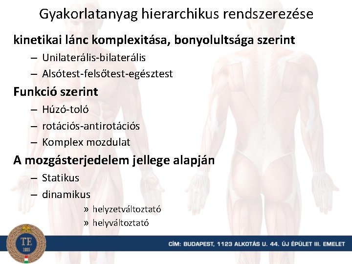 Gyakorlatanyag hierarchikus rendszerezése kinetikai lánc komplexitása, bonyolultsága szerint – Unilaterális-bilaterális – Alsótest-felsőtest-egésztest Funkció szerint