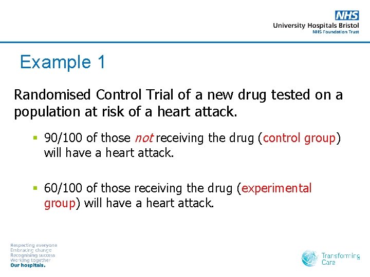 Example 1 Randomised Control Trial of a new drug tested on a population at
