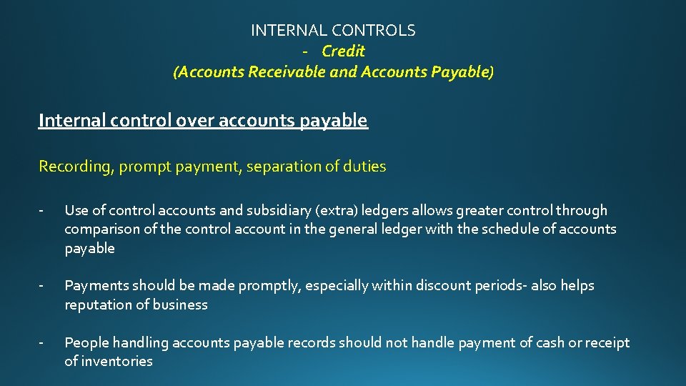 INTERNAL CONTROLS - Credit (Accounts Receivable and Accounts Payable) Internal control over accounts payable