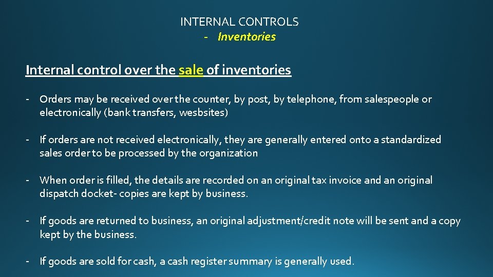 INTERNAL CONTROLS - Inventories Internal control over the sale of inventories - Orders may