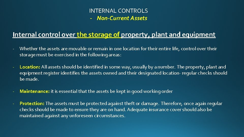 INTERNAL CONTROLS - Non-Current Assets Internal control over the storage of property, plant and