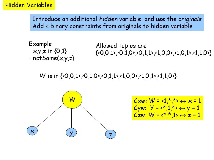 Hidden Variables Introduce an additional hidden variable, and use the originals Add k binary