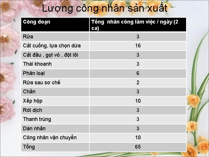 Lượng công nhân sản xuất Công đoạn Tổng nhân công làm việc / ngày