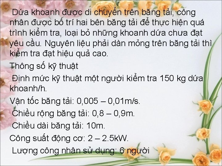 Dứa khoanh được di chuyển trên băng tải, công nhân được bố trí hai