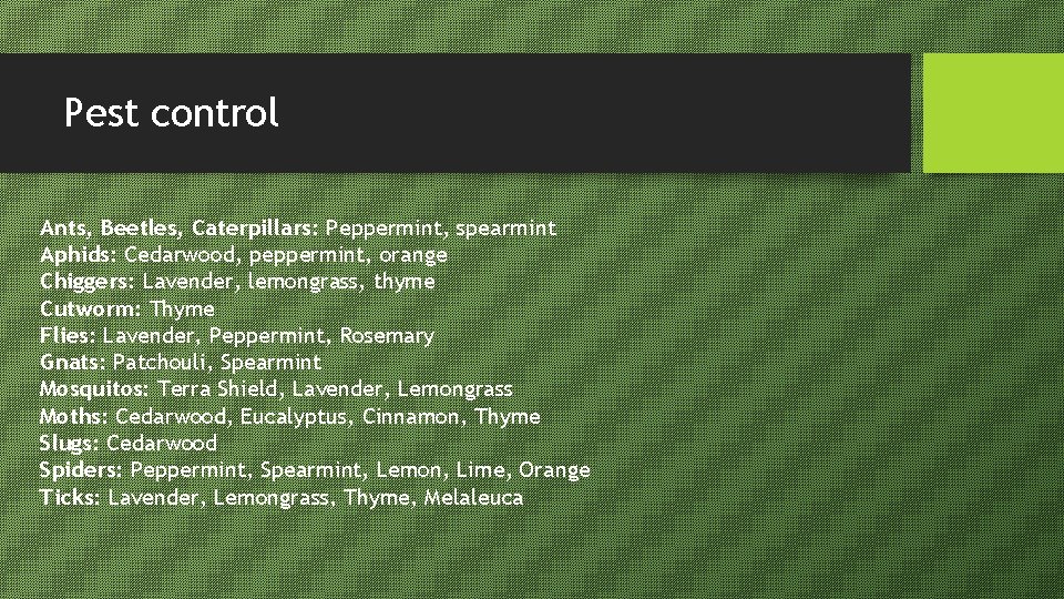 Pest control Ants, Beetles, Caterpillars: Peppermint, spearmint Aphids: Cedarwood, peppermint, orange Chiggers: Lavender, lemongrass,