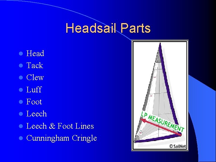 Headsail Parts l l l l Head Tack Clew Luff Foot Leech & Foot