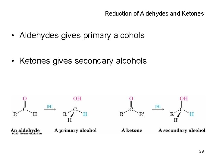 Reduction of Aldehydes and Ketones • Aldehydes gives primary alcohols • Ketones gives secondary