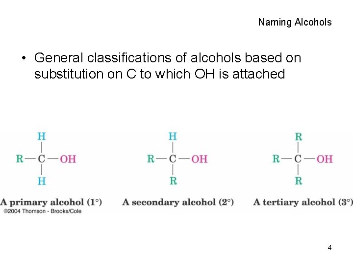 Naming Alcohols • General classifications of alcohols based on substitution on C to which