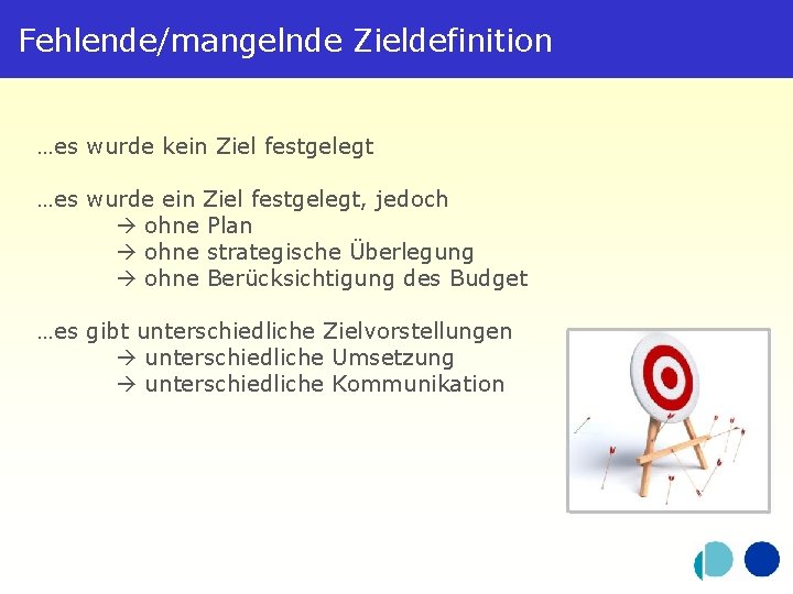 Fehlende/mangelnde Zieldefinition …es wurde kein Ziel festgelegt …es wurde ein Ziel festgelegt, jedoch ohne