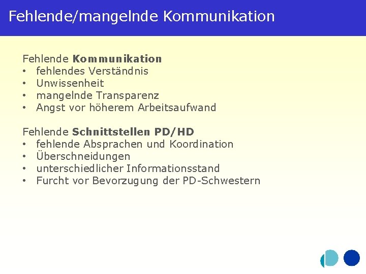 Fehlende/mangelnde Kommunikation Fehlende Kommunikation • fehlendes Verständnis • Unwissenheit • mangelnde Transparenz • Angst