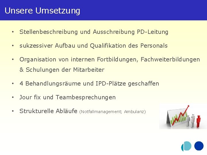 Unsere Umsetzung • Stellenbeschreibung und Ausschreibung PD-Leitung • sukzessiver Aufbau und Qualifikation des Personals