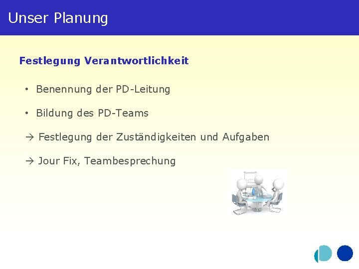 Unser Planung Festlegung Verantwortlichkeit • Benennung der PD-Leitung • Bildung des PD-Teams Festlegung der