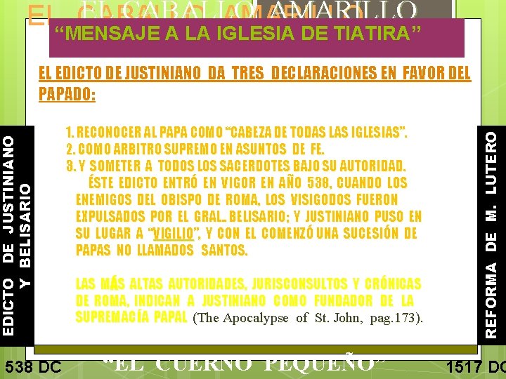 EL CABALLO AMARILLO 7 “MENSAJE A LA IGLESIA DE TIATIRA” 538 DC 1. RECONOCER