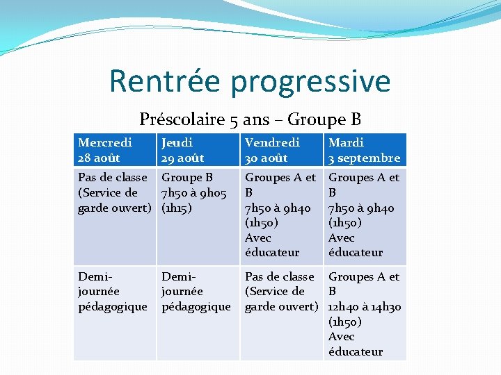 Rentrée progressive Préscolaire 5 ans – Groupe B Mercredi 28 août Jeudi 29 août