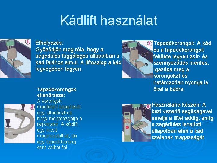 Kádlift használat Elhelyezés: Gyõződjön meg róla, hogy a segédülés függõleges állapotban a kád falához