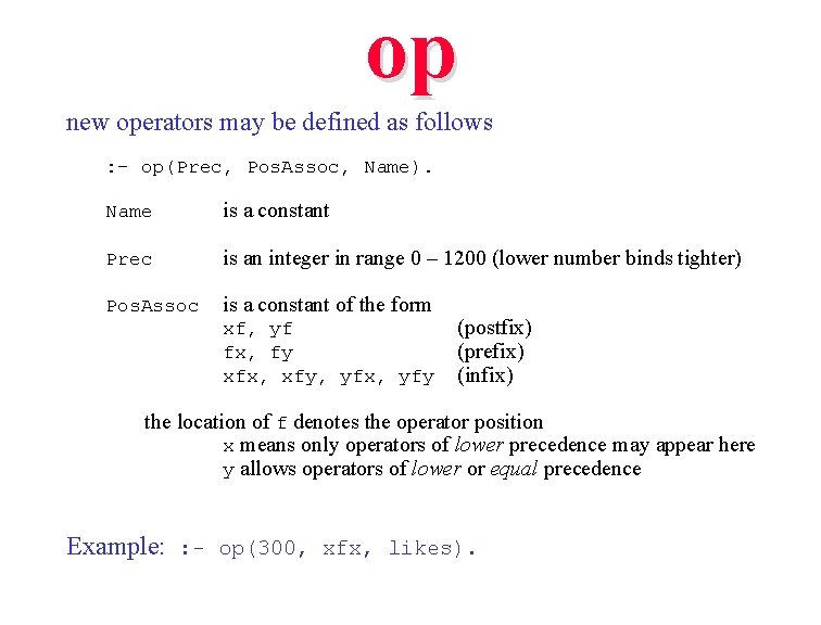 op new operators may be defined as follows : - op(Prec, Pos. Assoc, Name).