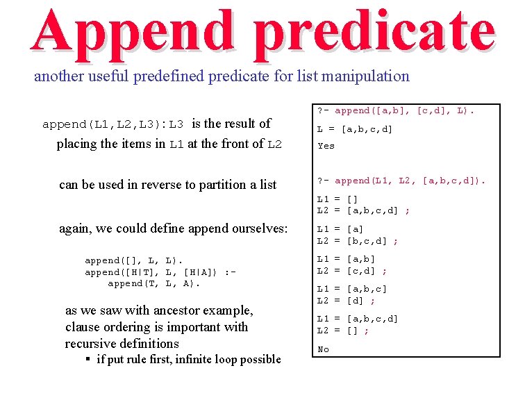 Append predicate another useful predefined predicate for list manipulation append(L 1, L 2, L