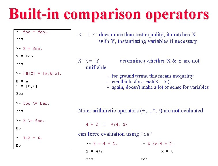 Built-in comparison operators ? - foo = foo. Yes X = Y does more