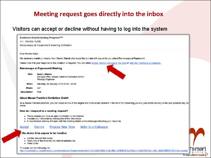 Meeting request goes directly into the inbox Visitors can accept or decline without having