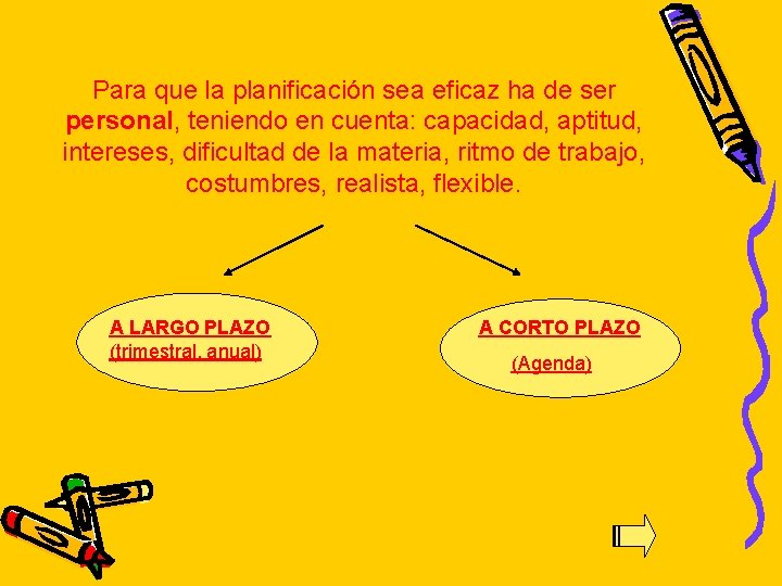 Para que la planificación sea eficaz ha de ser personal, teniendo en cuenta: capacidad,