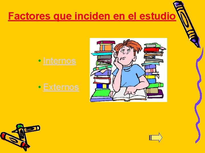 Factores que inciden en el estudio • Internos • Externos Factores que inciden en el estudio • Internos • Externos