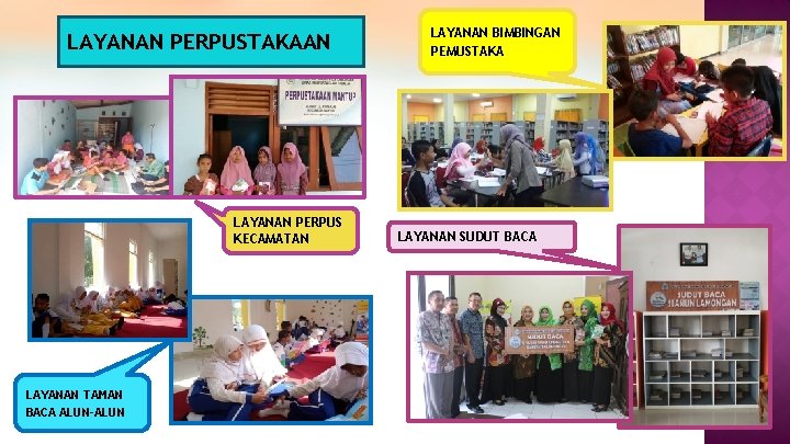 LAYANAN PERPUSTAKAAN LAYANAN PERPUS KECAMATAN LAYANAN TAMAN BACA ALUN-ALUN LAYANAN BIMBINGAN PEMUSTAKA LAYANAN SUDUT