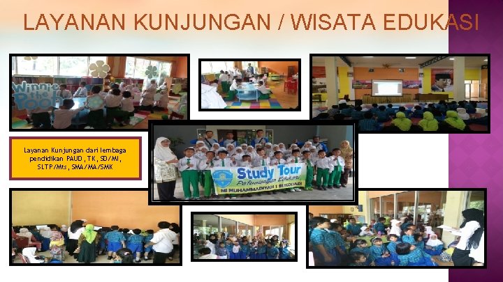 LAYANAN KUNJUNGAN / WISATA EDUKASI Layanan Kunjungan dari lembaga pendidikan PAUD, TK, SD/MI, SLTP/Mts,