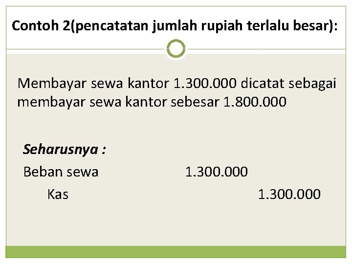 Contoh 2(pencatatan jumlah rupiah terlalu besar): Membayar sewa kantor 1. 300. 000 dicatat sebagai