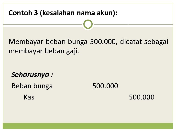 Contoh 3 (kesalahan nama akun): Membayar beban bunga 500. 000, dicatat sebagai membayar beban