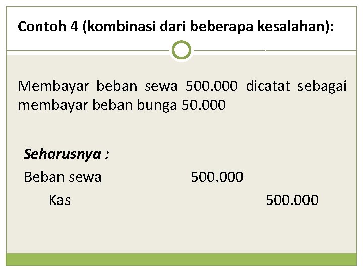 Contoh 4 (kombinasi dari beberapa kesalahan): Membayar beban sewa 500. 000 dicatat sebagai membayar