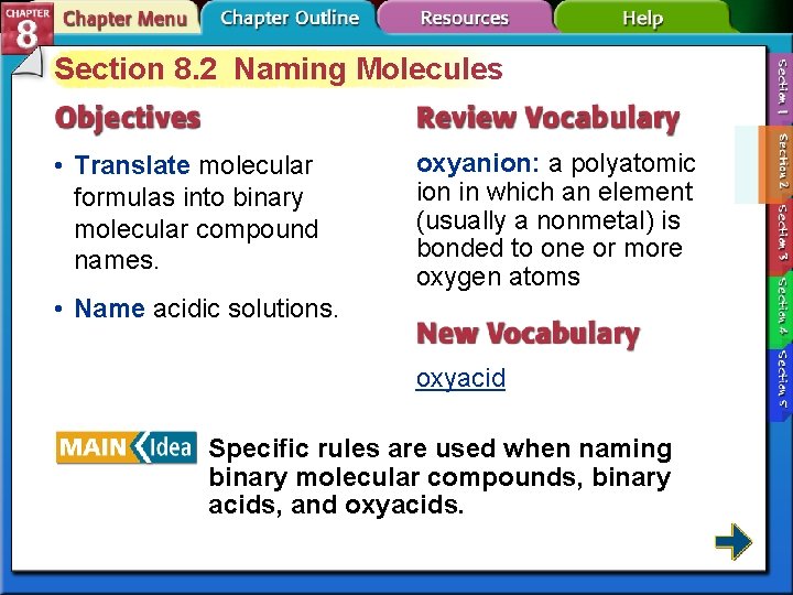 Section 8. 2 Naming Molecules • Translate molecular formulas into binary molecular compound names. Section 8. 2 Naming Molecules • Translate molecular formulas into binary molecular compound names.
