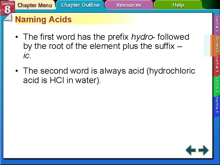 Naming Acids • The first word has the prefix hydro- followed by the root